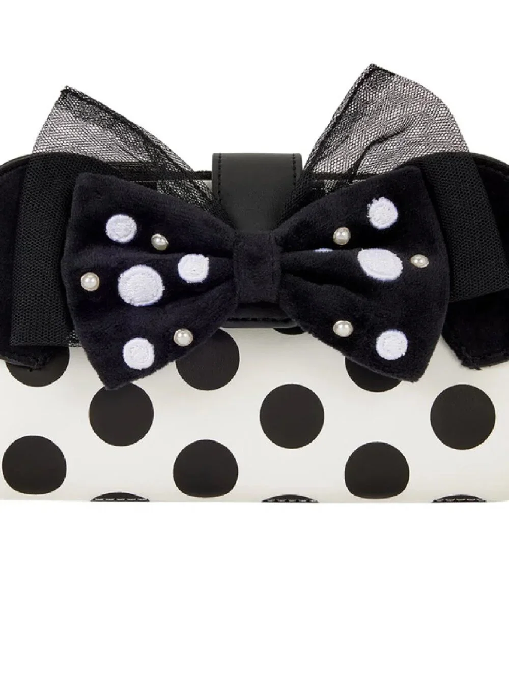 Loungefly Disney Minnie Mouse Polka Dot Pearl Wallet Black White Bow Accent New